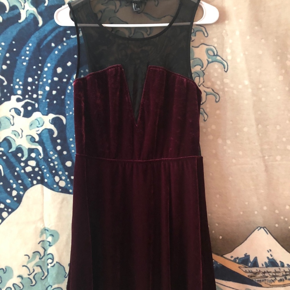 Maroon velvet dress with black mesh back and top